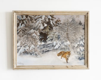 Winter Fuchs Malerei | Winter Tierlandschaft | Fuchs im Schnee Gemälde | Winterlandschaft | Weihnachtslandschaft | Vintage Weihnachten