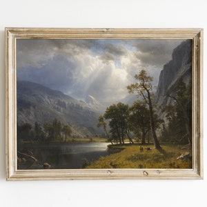 Summer Mountain Landscape | Moody Mountain Landscape Painting | Lighted Mountain Valley Painting | Gloomy Vintage Wall Art | Summer Mountain