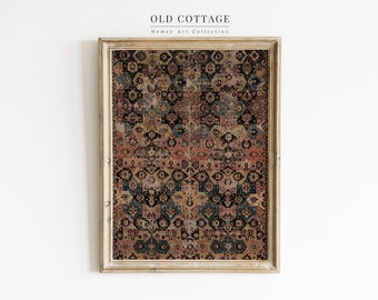 May include: A framed print of a vintage rug with a geometric pattern in shades of brown, red, blue, and black. The frame is a light wood color.