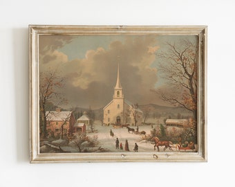 Kirche Winter Malerei Vintage Kirche Malerei Weihnachten Kirche Kunstdruck Christliche Weihnachten Wand Kunst Weihnachten Christliche Kunst Printable