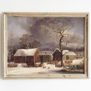 Winter Farm Art Print Vintage Snowy Farm Painting Vintage Christmas Art Print Christmas Farmhouse Art Winter Country Art Snowy Painting