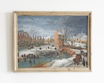 Ice Skating in Townsquare Scene | Ice Skating Painting | Vintage Ice Skating Art Print | Vintage Christmas Art | Vintage Christmas Painting