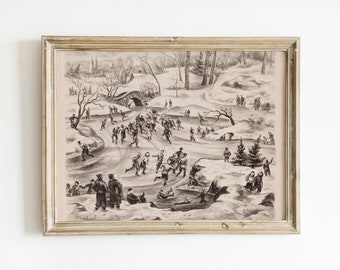 Ice Skating Art Print Vintage Ice Skating Sketch Vintage Christmas Art Painting Winter Ice Skating Painting Christmas Wall Art Drawing