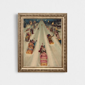 Vintage Schlitten Malerei | Vintage Gemälde | Schlittenfahrt Postkarte | Rodeln Weihnachtskarten Malerei | Vintage Weihnachtskarte