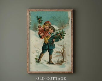 Impression de carte de Noël vintage Impression de carte de Noël Vintage Peinture de carte de Noël vintage Impression d'art de carte de Noël Holly Berry Impression d'enfants enneigés
