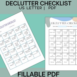May include: A printable decluttering checklist with a light blue, beige, and gray color scheme. The checklist is divided into sections for different rooms and areas of the house, such as the kitchen, bedroom, and bathroom. Each section has a list of items to declutter, such as clothes, books, and toys. The checklist is designed to help people declutter their homes and get organized.