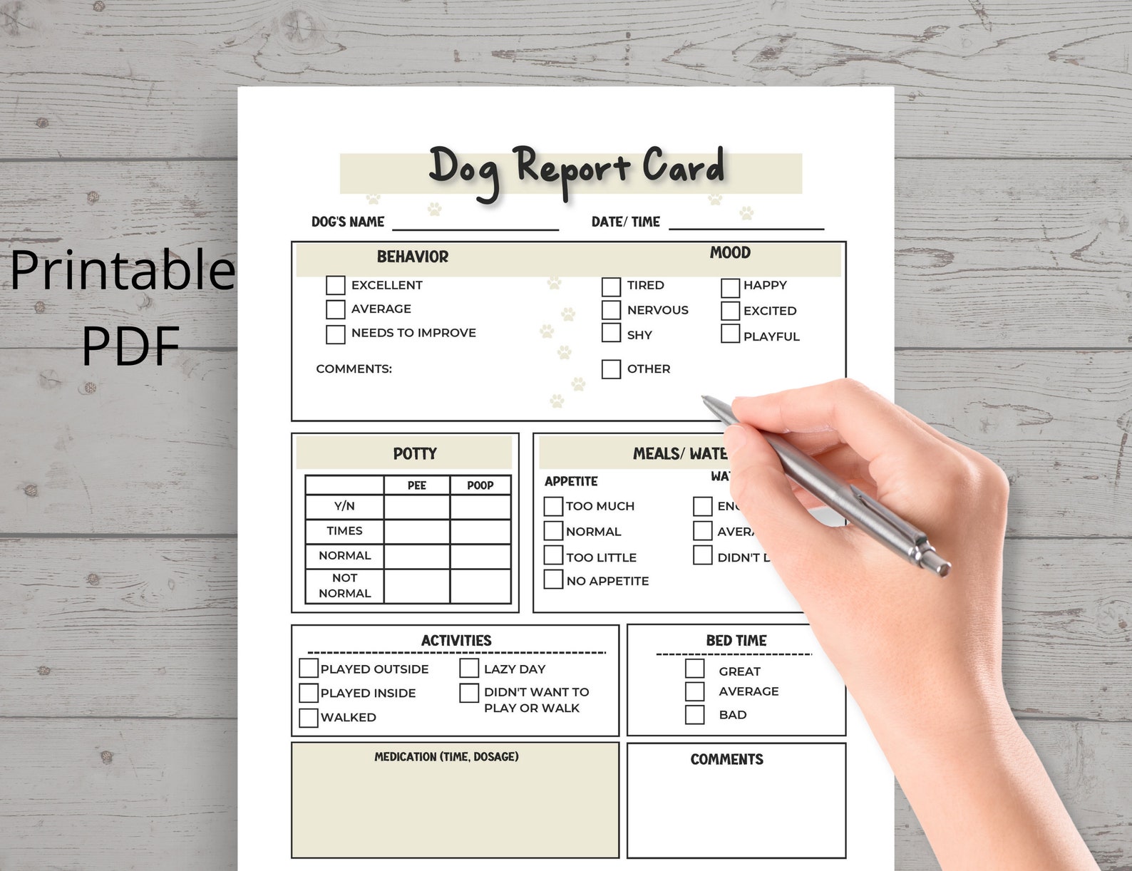 Dog Report Card, Dog Boarding Report Card, Pet Sitter Report Printable