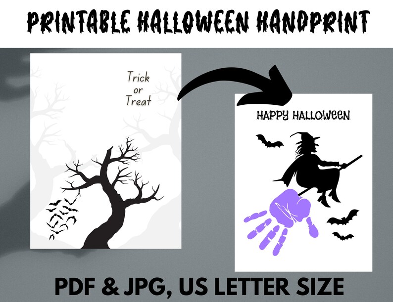 K&ouml;nnte beinhalten: Druckbarer Halloween-Handabdruck mit einer Hexe, die auf einem Besen mit Flederm&auml;usen fliegt. Der Handabdruck ist lila und die Hexe ist schwarz. Der Text lautet "Happy Halloween".