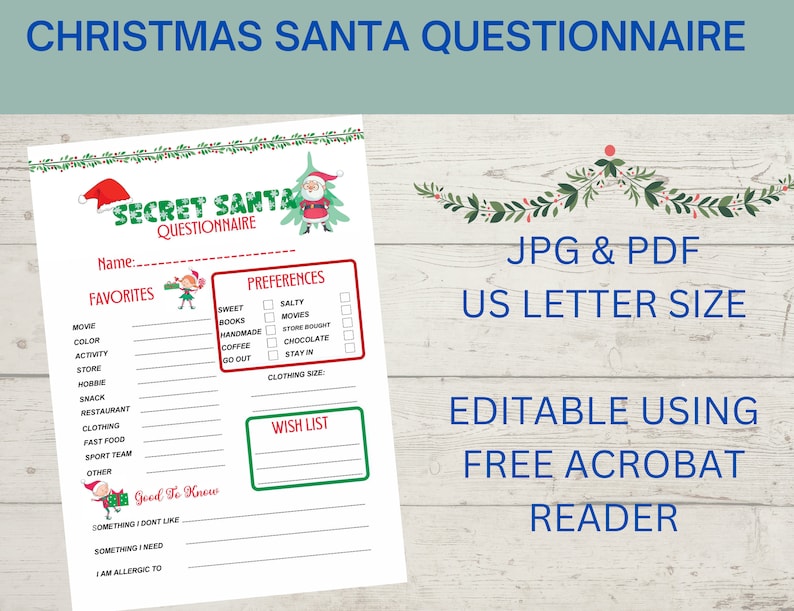Secret santa questionnaire colorful with elf and santa, template for christmas gift exchange