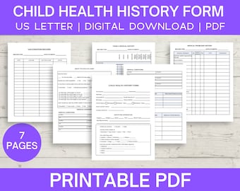 Child health history pdf Medical History Form, kids medical records, medical binder, chronic disease, allergy medication, Instant Download