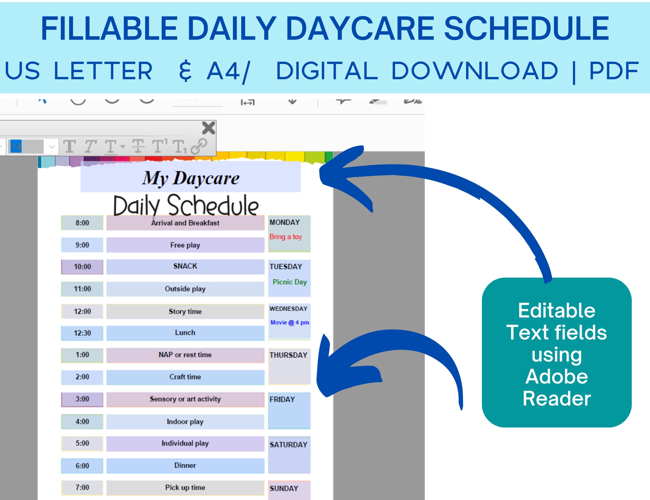Daycare Daily Schedule Printable, Daycare Hourly Schedule, Editable