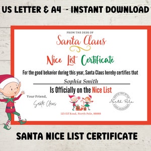 Santa nice list certificate Editable, printable Nice list certificate from Santa Claus  instant download