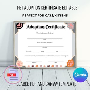 Pet adoption certificate editable, kitten adoption party, cat adoption certificate printable