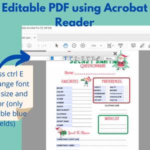 K&ouml;nnte beinhalten: Ein druckbarer PDF-Fragebogen f&uuml;r Kinder, den sie f&uuml;r den Weihnachtsmann ausf&uuml;llen k&ouml;nnen. Der Fragebogen enth&auml;lt Abschnitte f&uuml;r Favoriten, Pr&auml;ferenzen, eine Wunschliste und einen Abschnitt "Gut zu wissen". Das PDF ist mit Adobe Acrobat Reader bearbeitbar.