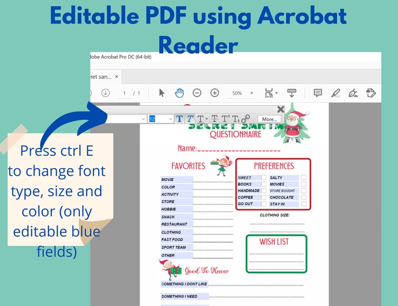 K&ouml;nnte beinhalten: Ein druckbarer PDF-Fragebogen f&uuml;r Kinder, den sie f&uuml;r den Weihnachtsmann ausf&uuml;llen k&ouml;nnen. Der Fragebogen enth&auml;lt Abschnitte f&uuml;r Favoriten, Pr&auml;ferenzen, eine Wunschliste und einen Abschnitt "Gut zu wissen". Das PDF ist mit Adobe Acrobat Reader bearbeitbar.