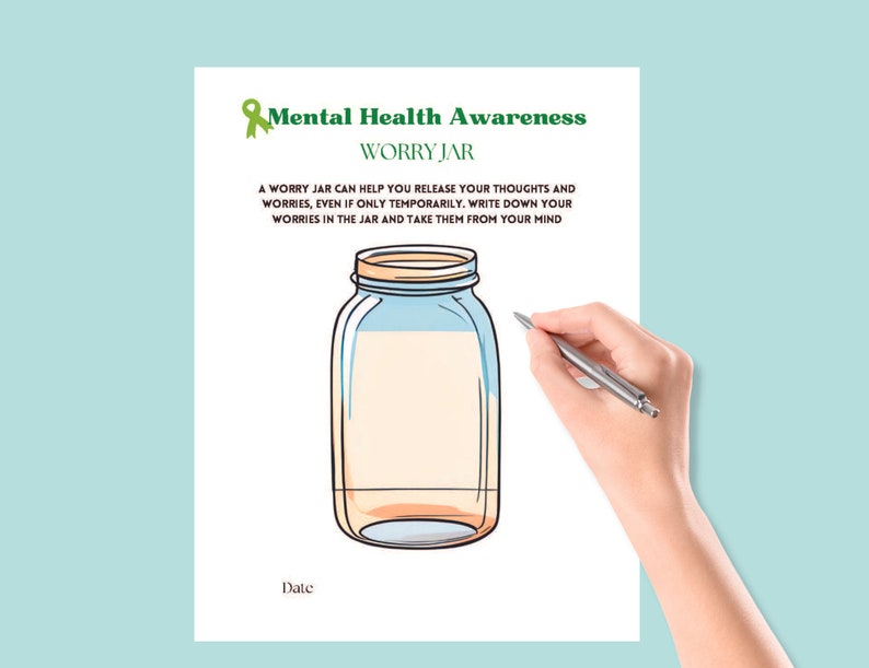 Puede incluir: Una hoja de trabajo imprimible con una ilustraci&oacute;n de dibujos animados de un frasco de vidrio etiquetado como "Worry Jar". El texto dice "Un frasco de preocupaciones puede ayudarte a liberar tus pensamientos y preocupaciones, incluso si solo es temporalmente. Escribe tus preocupaciones en el frasco y s&aacute;calas de tu mente." Hay un espacio para escribir la fecha.
