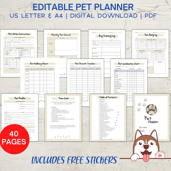 Pet planner printable and editable, puppy planner, pet care planner, pet care binder printable instant download