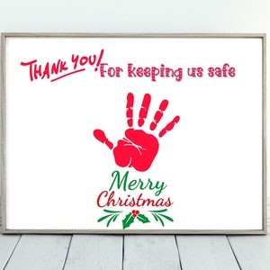 Gracias por mantenernos seguros Recuerdo imprimible artesanal con huellas de manos navideñas, regalo para guardia de cruce escolar, conductor de autobús