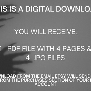 K&ouml;nnte beinhalten: Text auf grauem Hintergrund, der lautet: "Dies ist ein digitaler Download. Sie erhalten: 1 PDF-Datei mit 4 Seiten und 4 JPG-Dateien. Laden Sie die Dateien von der E-Mail herunter, die Etsy Ihnen sendet, oder aus dem Kaufbereich Ihres Etsy-Kontos."
