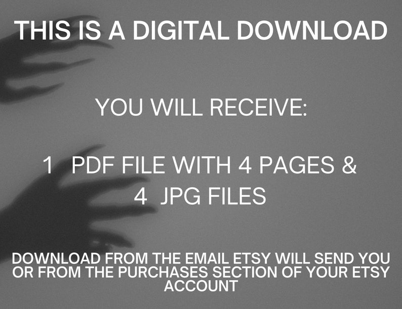 K&ouml;nnte beinhalten: Text auf grauem Hintergrund, der lautet: "Dies ist ein digitaler Download. Sie erhalten: 1 PDF-Datei mit 4 Seiten und 4 JPG-Dateien. Laden Sie die Dateien von der E-Mail herunter, die Etsy Ihnen sendet, oder aus dem Kaufbereich Ihres Etsy-Kontos."