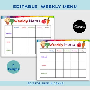 Daycare weekly menu printable, Daycare meal menu, editable menu preschool, weekly daycare menu planner template