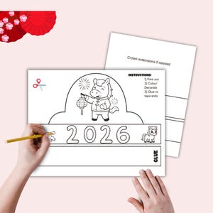 May include: A black and white printable crown template with a horse illustration holding a lantern, the year 2026, and instructions. A hand is coloring the template with a pencil.