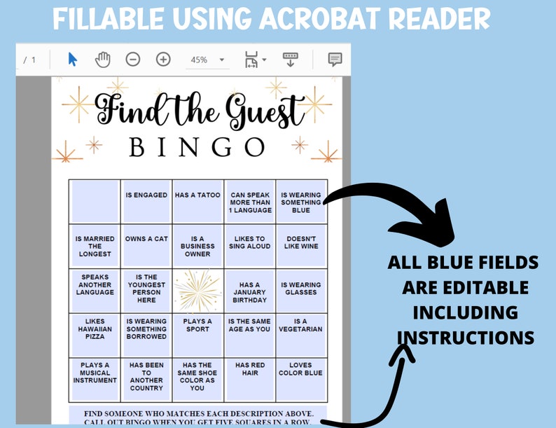 Find the Guest Bingo, Wedding, Baby Shower, Birthday, Editable Party ...