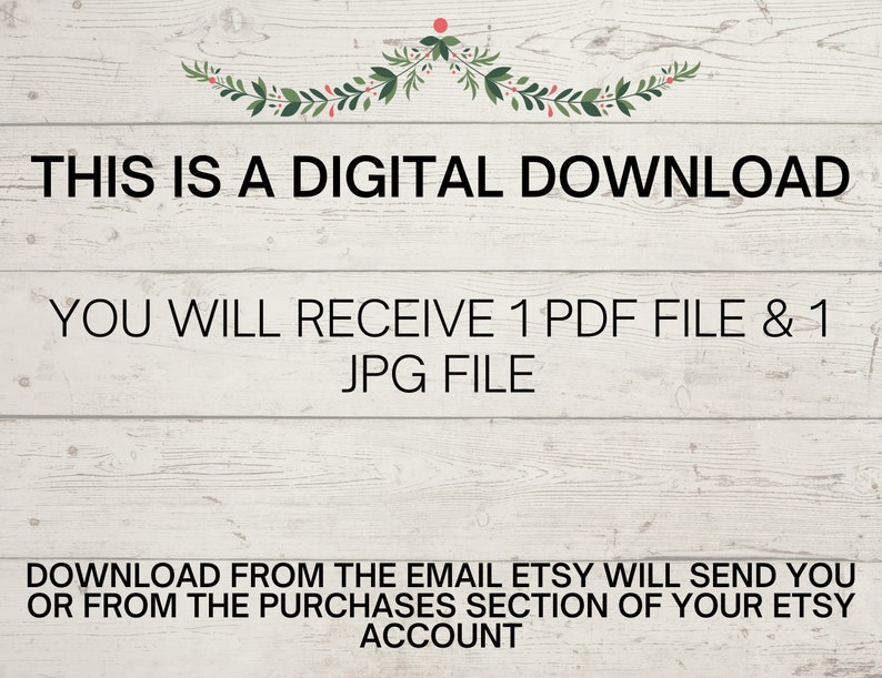 K&ouml;nnte beinhalten: Text auf einem Holzmaserungshintergrund, der lautet: "Dies ist ein digitaler Download. Sie erhalten 1 PDF-Datei und 1 JPG-Datei. Laden Sie die Dateien von der E-Mail herunter, die Etsy Ihnen sendet, oder aus dem Kaufbereich Ihres Etsy-Kontos."
