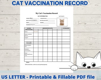cat vaccination record, cat health record, cat shot record, pet health record Instant Download PDF fillable printable