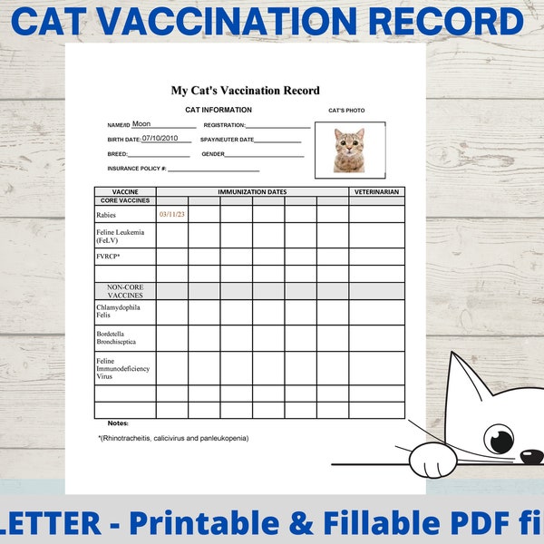 cat vaccination record, cat health record, cat shot record, pet health record Instant Download PDF fillable printable