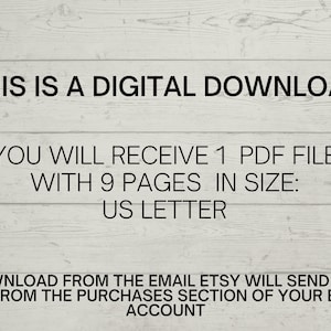 Puede incluir: Texto sobre un fondo de veta de madera que dice: "Esta es una descarga digital. Recibir&aacute;s 1 archivo PDF con 9 p&aacute;ginas en tama&ntilde;o: US Letter. Descarga desde el correo electr&oacute;nico que Etsy te enviar&aacute; o desde la secci&oacute;n de compras de tu cuenta de Etsy."