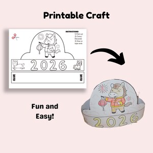 May include: A printable craft featuring a horse holding a lantern, with the year 2026. The text "Printable Craft" and "Fun and Easy!" are displayed. Instructions are included for printing, coloring, and assembling the craft.
