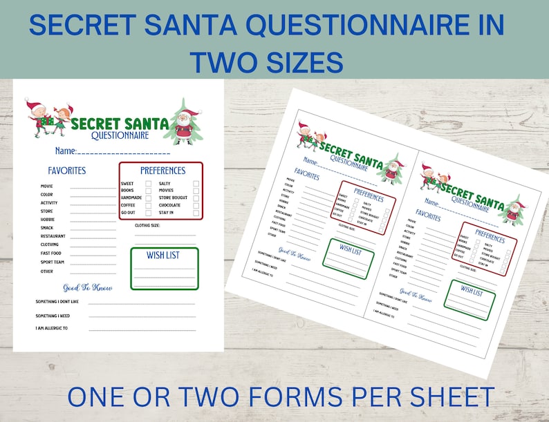 Secret Santa Questionnaire and Sign up Form Printable, Secret Santa ...