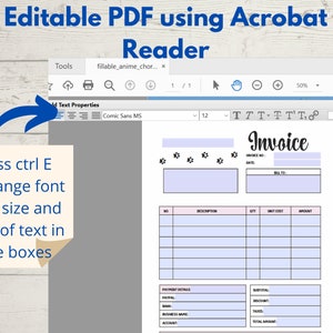 May include: A digital invoice template in PDF format, designed for use with Adobe Acrobat Reader. The document features a clean layout with fields for invoice details, payment information, and subtotals. Instructions are included to change font type, size, and colour.