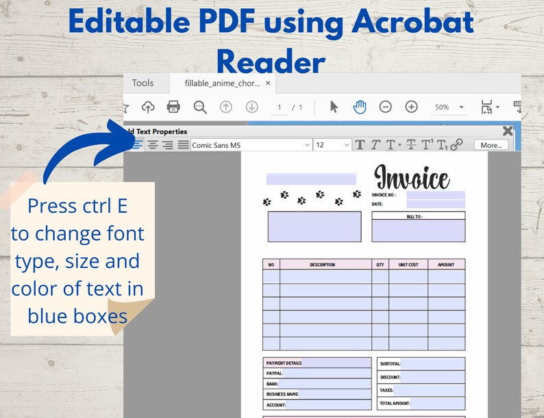 May include: A digital invoice template in PDF format, designed for use with Adobe Acrobat Reader. The document features a clean layout with fields for invoice details, payment information, and subtotals. Instructions are included to change font type, size, and colour.