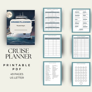 May include: A printable cruise planner PDF with 49 pages. The cover features a cartoon cruise ship sailing on the ocean at night with a full moon in the sky. The text "CRUISE PLANNER" is in a blue box with a white outline. The text "This planner belongs to" is below the box. The text "PRINTABLE PDF 49 PAGES US LETTER" is below the image.