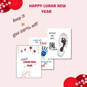 May include: A promotional image for Lunar New Year featuring three greeting cards with various designs. One card reads "Happy Lunar New Year", another says "Land of the Free", and the third says "My heroes wear boots". The image also includes text that says "buy 3 & get 50% off".