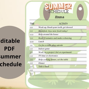 SUMMER daily schedule for kids printable  with hours,  Summer planner chore list chart and activities for kids editable pdf instant download