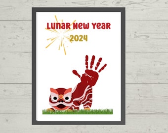 Lunar New Year of the Dragon handprint or footprint craft printable card. Homeschooling, preschool, Chinese New Year Activity for kids