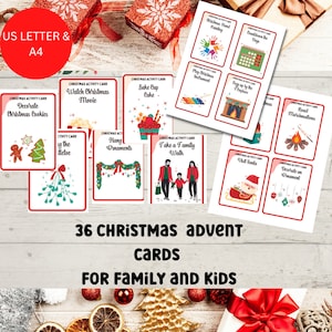May include: A set of 36 Christmas advent cards with illustrations of various holiday activities, such as decorating cookies, watching Christmas movies, and hanging ornaments. The cards are printed on white paper with red borders and feature a festive red and gold background.
