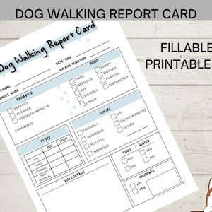 Boleta de calificaciones para pasear perros, tarjeta imprimible para el informe del cuidador de mascotas