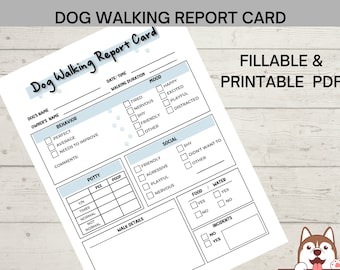 Puede incluir: Tarjeta de informe de paseo de perro imprimible con secciones para la fecha, la hora, la duración del paseo, el estado de ánimo, el comportamiento, el baño, lo social, la comida, el agua y los incidentes. La tarjeta tiene un esquema de color azul y blanco y huellas de patas.