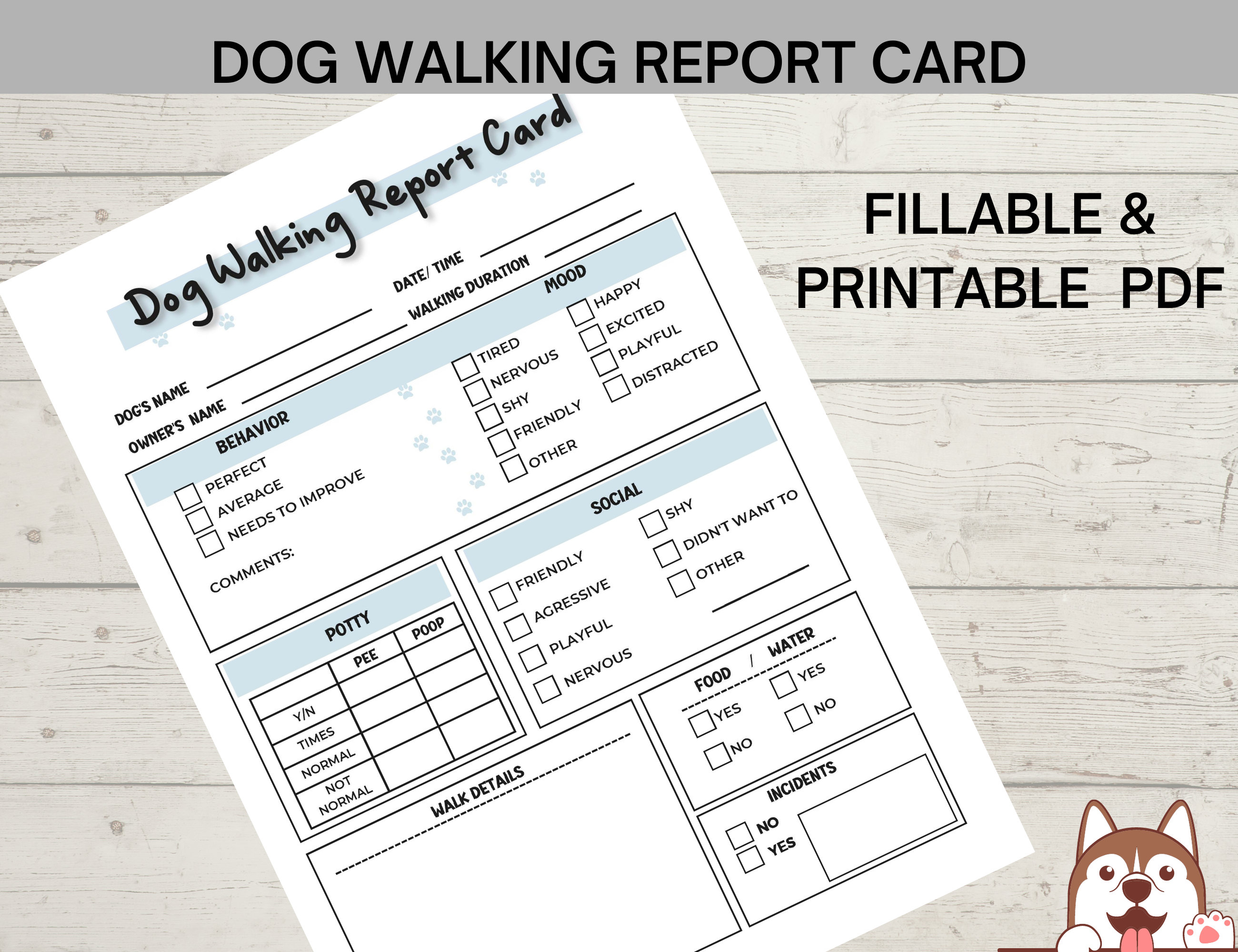 Dog Walking Report Card, Pet Sitter Report Printable Card - Etsy