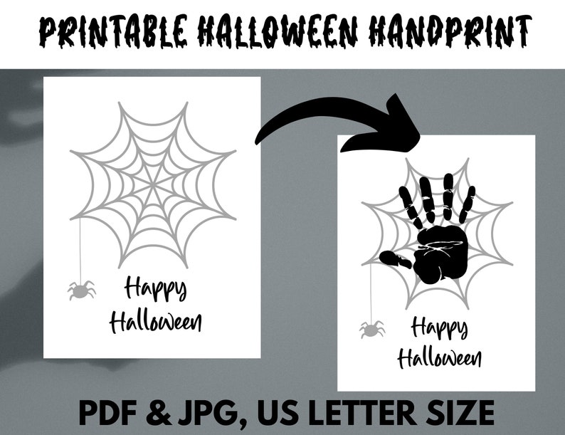 K&ouml;nnte beinhalten: Druckbarer Halloween-Handabdruck mit Spinnennetz-Design und dem Text "Happy Halloween".