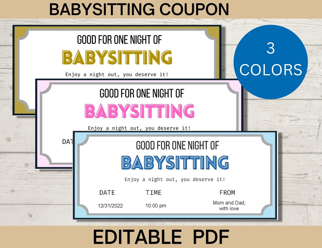 Babysitting Coupon Template, Editable Gift Voucher, Printable Babysitting Coupon Template, Editable Gift Voucher, Printable