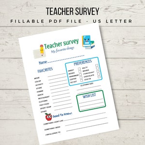 Teacher survey favorite things editable, teacher questionnaire to get to know printable