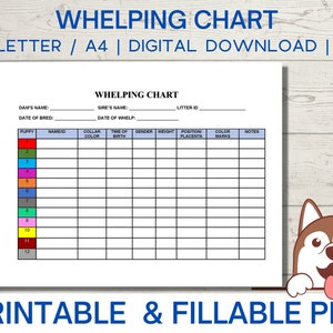 Grafico del parto modificabile, registro del parto, parto dei cuccioli, moduli per allevatori PDF stampabili download immediato