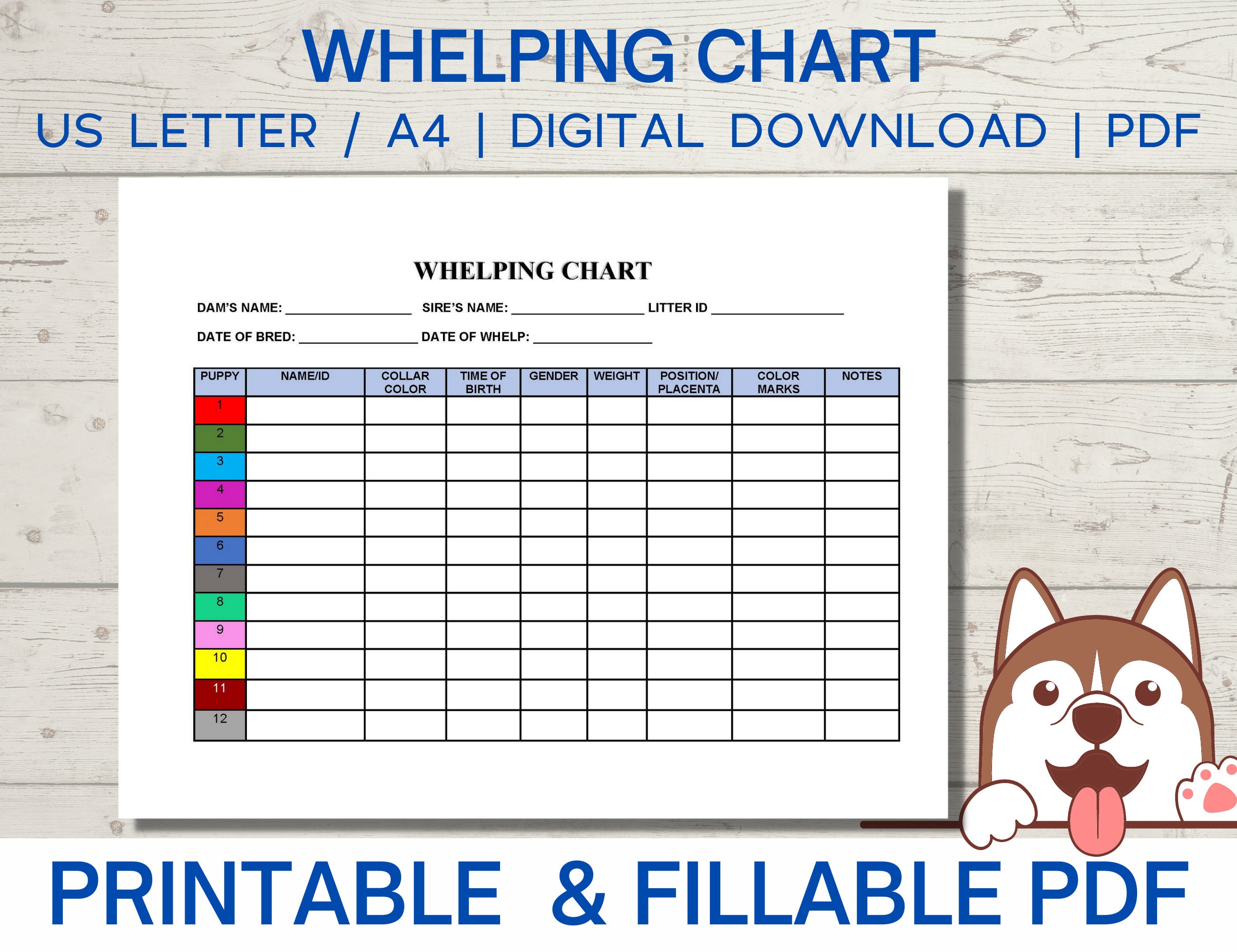 Whelping Chart Editable Whelping Record Puppy Whelping Etsy