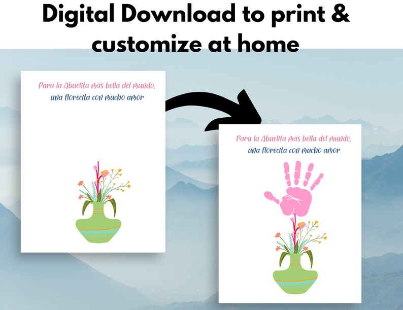 K&ouml;nnte beinhalten: Druckbare Karte mit einer Blumenvase und dem Text "Para la Abuelita mas bella del mundo, una florecita con mucho amor". Die Karte ist f&uuml;r eine Gro&szlig;mutter gedacht und zeigt einen rosa Handabdruck in der Vase.