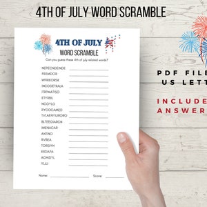 4th of july word scramble game printable, party or school Indepedence  Day game printable